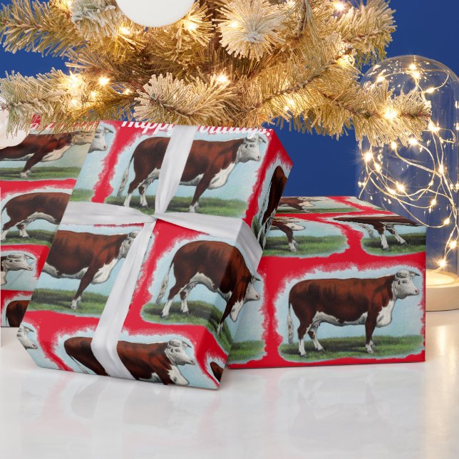 Vintage Hereford Cows on Red Wrapping Paper (Holidays)