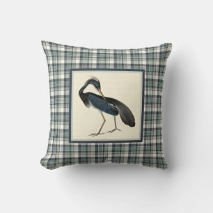 Vintage Heron with Navy Blue Plaid Border Cushion