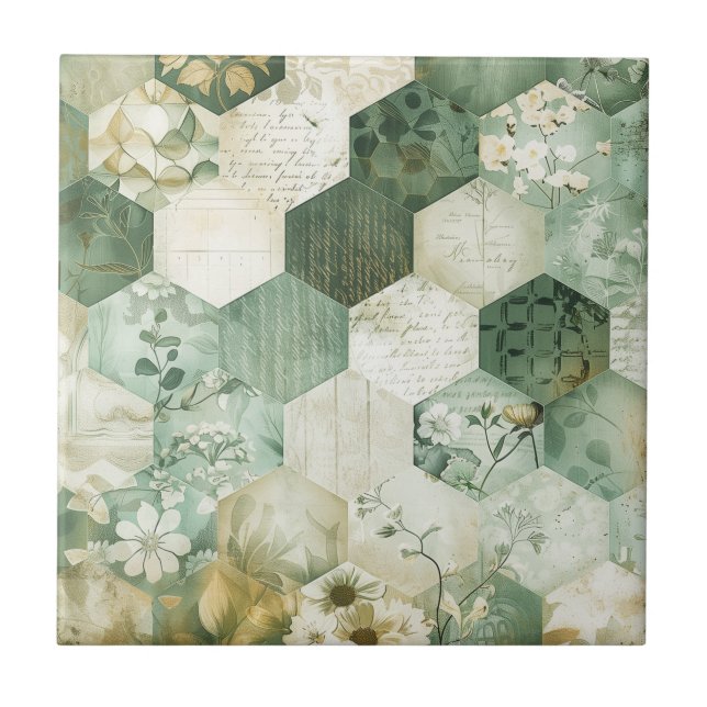 Vintage Hexagon Botanical Patchwork Ceramic Tile (Front)