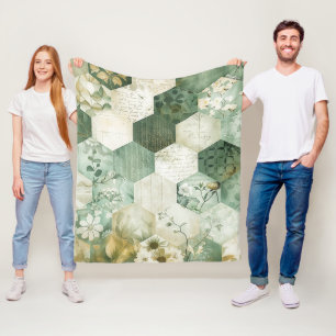 Vintage Hexagon Botanical Patchwork Fleece Blanket