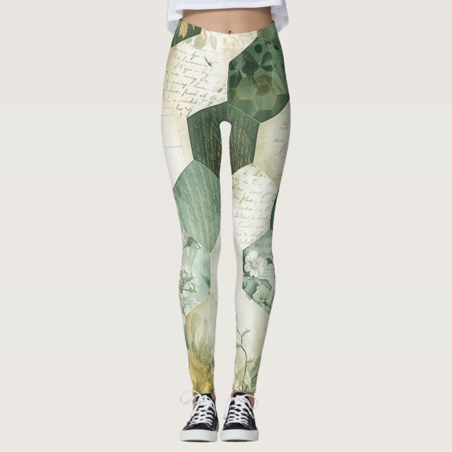 Vintage Hexagon Botanical Patchwork Leggings (Front)