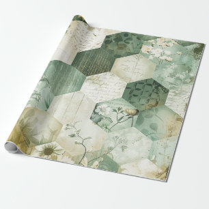 Vintage Hexagon Botanical Patchwork Wrapping Paper