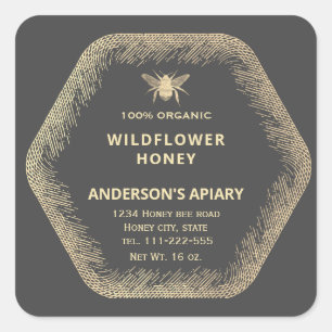 Vintage Hexagon gold bee honey jar Square Sticker