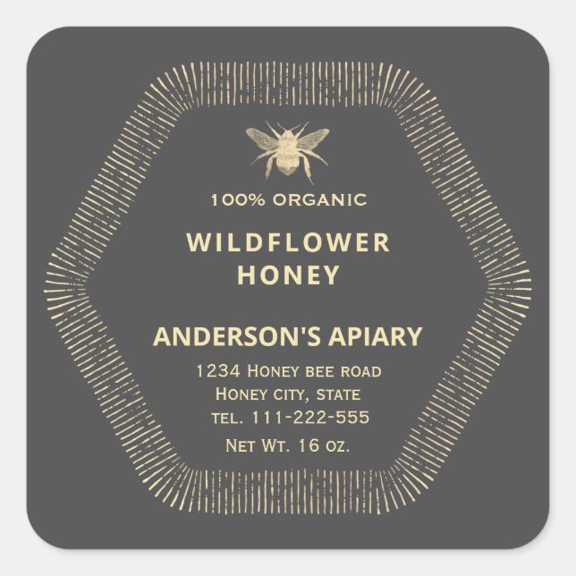 Vintage Hexagon  gold bee honey jar Square Sticker (Front)