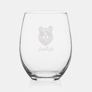 Vintage Hey Paws Up Bear with Sunglasses Funny Dog Stemless Wine Glass