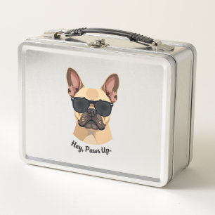 Vintage Hey, Paws Up French Bulldog Sunglasses Gra Metal Lunch Box