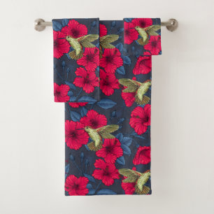 Vintage Hibiscus Botanical and Hummingbird Bath Towel Set
