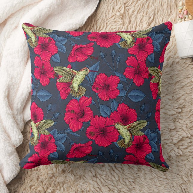 Vintage Hibiscus Botanical and Hummingbird Cushion (Blanket)