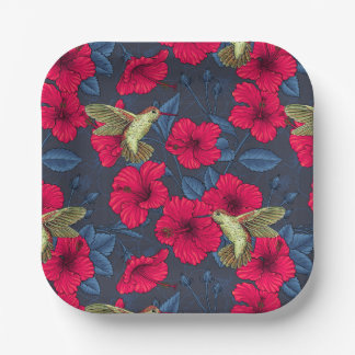 Vintage Hibiscus Botanical and Hummingbird Paper Plate