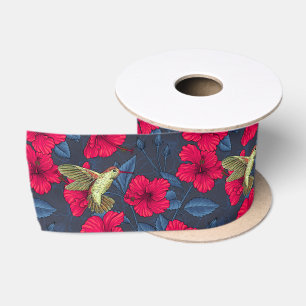 Vintage Hibiscus Botanical and Hummingbird Satin Ribbon