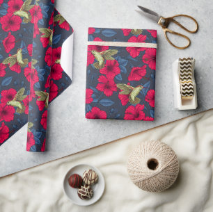 Vintage Hibiscus Botanical and Hummingbird Wrapping Paper