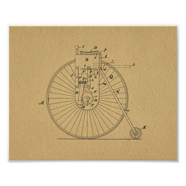 Vintage High Wheeler Bicycle Patent Art Print (Front)
