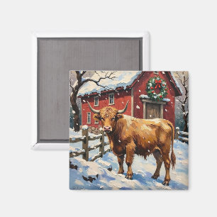 Vintage Highland Cow at Snowy Christmas Barn Magnet