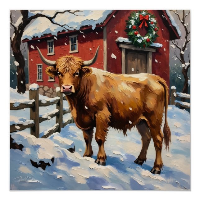 Vintage Highland Cow at Snowy Christmas Barn Poster (Front)