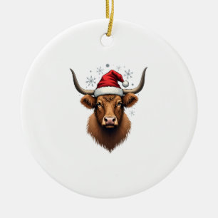 Vintage Highland Cow Christmas Design with Santa H Ceramic Ornament