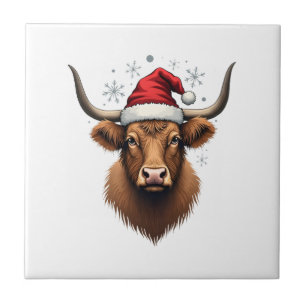 Vintage Highland Cow Christmas Design with Santa H Ceramic Tile