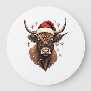 Vintage Highland Cow Christmas Design with Santa H Large Clock