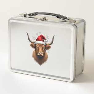 Vintage Highland Cow Christmas Design with Santa H Metal Lunch Box