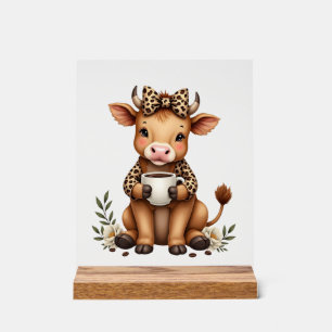 Vintage Highland Cow Coffee Lover Watercolor Cute Acrylic Sign