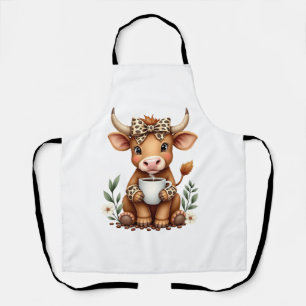 Vintage Highland Cow Coffee Lover Watercolor Cute Apron