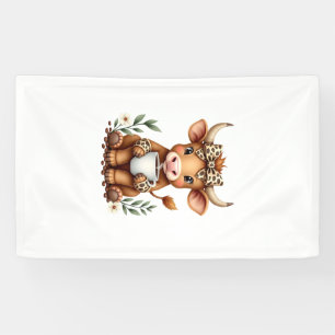 Vintage Highland Cow Coffee Lover Watercolor Cute Banner