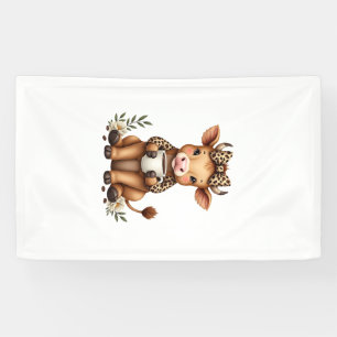 Vintage Highland Cow Coffee Lover Watercolor Cute Banner