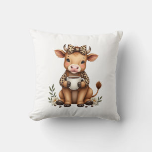 Vintage Highland Cow Coffee Lover Watercolor Cute  Cushion