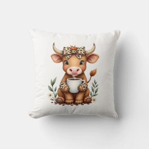 Vintage Highland Cow Coffee Lover Watercolor Cute  Cushion