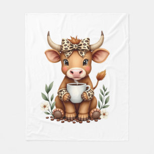 Vintage Highland Cow Coffee Lover Watercolor Cute Fleece Blanket
