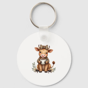 Vintage Highland Cow Coffee Lover Watercolor Cute Key Ring