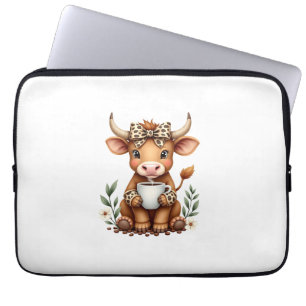 Vintage Highland Cow Coffee Lover Watercolor Cute Laptop Sleeve
