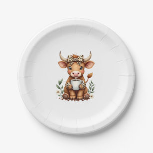 Vintage Highland Cow Coffee Lover Watercolor Cute Paper Plate