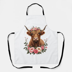 Vintage Highland Cow Floral Crown Boho Farmhouse A Apron