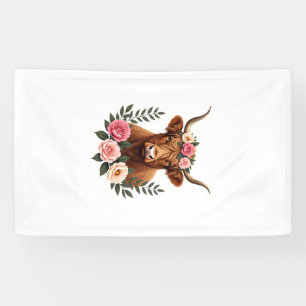 Vintage Highland Cow Floral Crown Boho Farmhouse A Banner