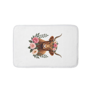 Vintage Highland Cow Floral Crown Boho Farmhouse A Bath Mat