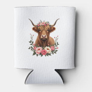 Vintage Highland Cow Floral Crown Boho Farmhouse A Can Cooler