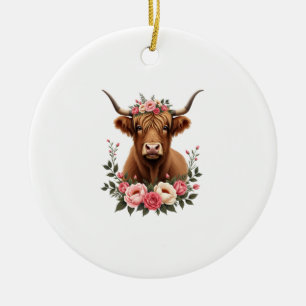 Vintage Highland Cow Floral Crown Boho Farmhouse A Ceramic Ornament