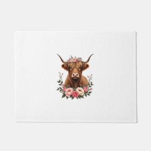 Vintage Highland Cow Floral Crown Boho Farmhouse A Doormat