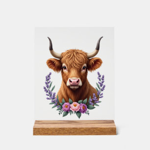 Vintage Highland Cow Floral Wreath Cute Rustic Far Acrylic Sign