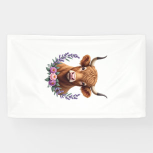 Vintage Highland Cow Floral Wreath Cute Rustic Far Banner