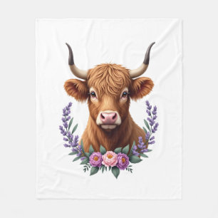 Vintage Highland Cow Floral Wreath Cute Rustic Far Fleece Blanket