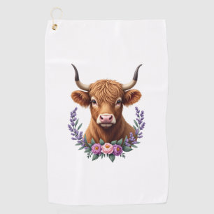 Vintage Highland Cow Floral Wreath Cute Rustic Far Golf Towel