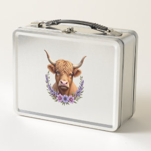 Vintage Highland Cow Floral Wreath Cute Rustic Far Metal Lunch Box