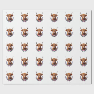 Vintage Highland Cow Floral Wreath Cute Rustic Far Wrapping Paper