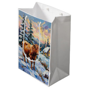 Vintage Highland Cow in Snowy Christmas Meadow Medium Gift Bag