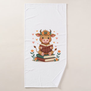 Vintage Highland Cow Reading Books Floral Cute Boo Bath Towel