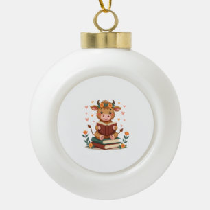 Vintage Highland Cow Reading Books Floral Cute Boo Ceramic Ball Christmas Ornament