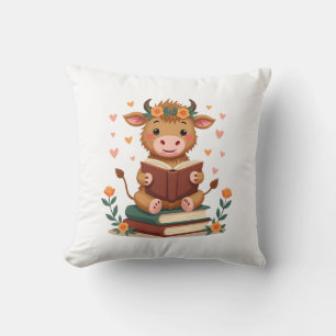 Vintage Highland Cow Reading Books Floral Cute Boo Cushion