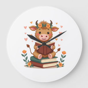 Vintage Highland Cow Reading Books Floral Cute Boo Large Clock