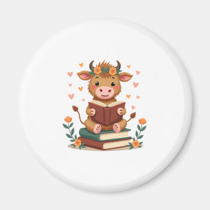 Vintage Highland Cow Reading Books Floral Cute Boo Magnet
